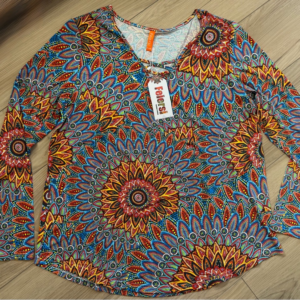 NWT Feiersi Long Sleeve Mandala Print Boho Fancy Neckline XL Multicolor